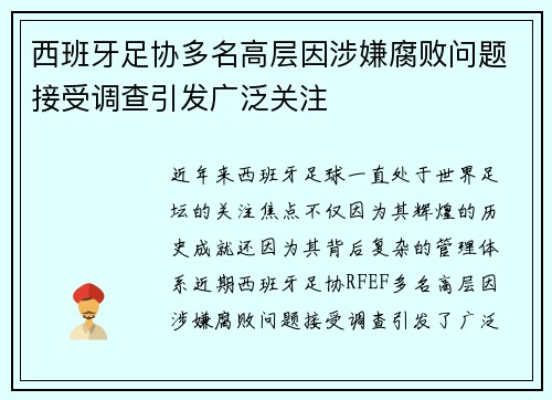 西班牙足协多名高层因涉嫌腐败问题接受调查引发广泛关注
