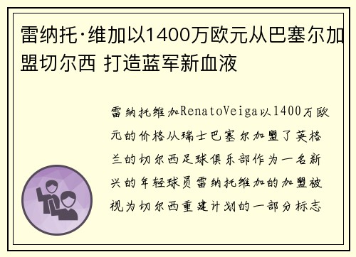 雷纳托·维加以1400万欧元从巴塞尔加盟切尔西 打造蓝军新血液